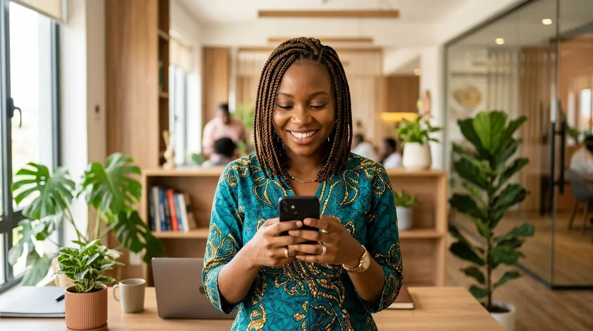 Smiling Nigerian customer reviewing her growing savings on her phone with confidence