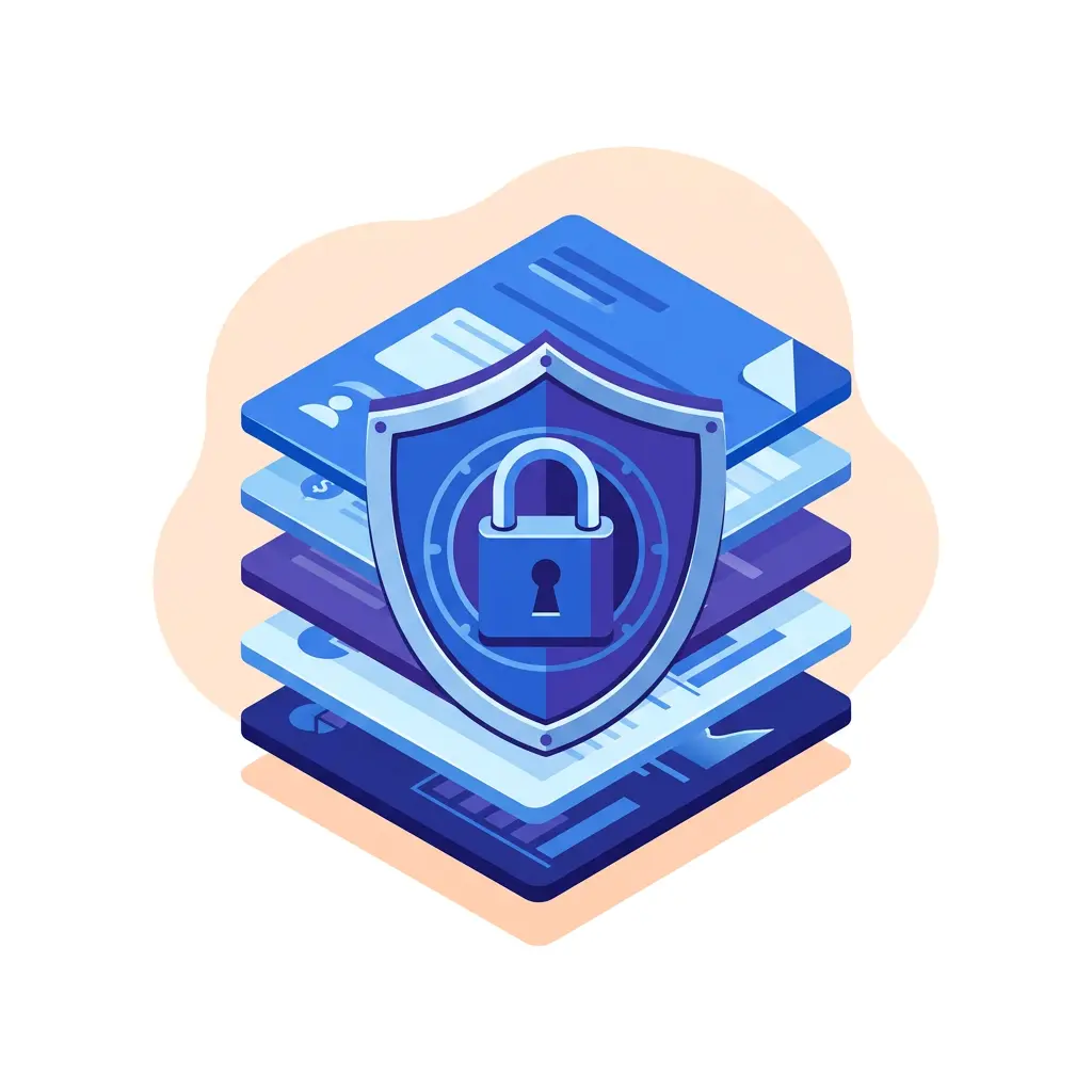 Illustration of layered documents protected by a shield and padlock